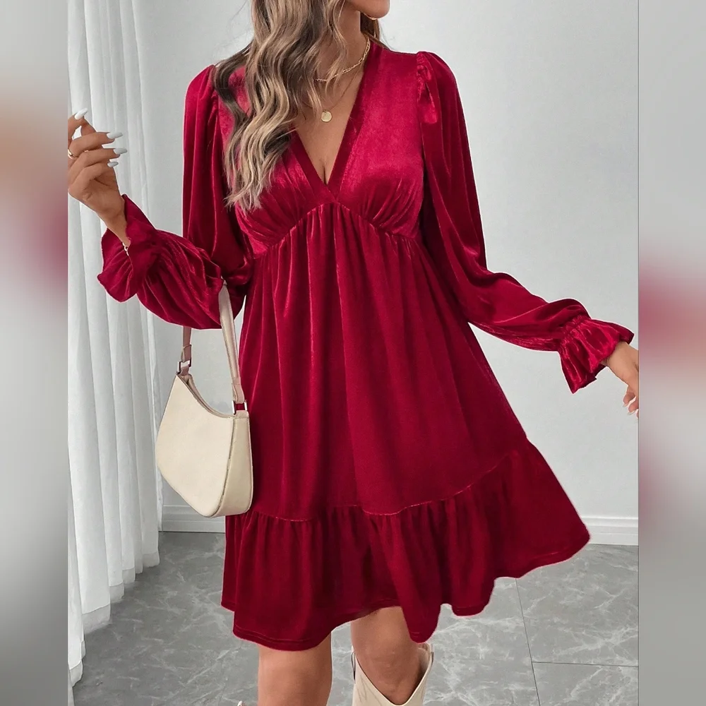 Women Red Velvet Short Dress For Christmas Party - Picture 1 of 4